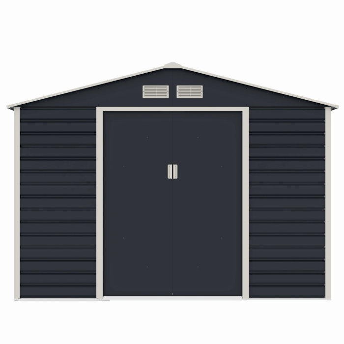 Casuta / magazie de gradina premium metalica, MESTERINO Evan-C, Gri/Bej, dimensiuni 277x195x200 cm, cu usi culisante si baza metalica [1]