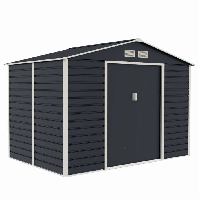 Casuta / magazie de gradina premium metalica, MESTERINO Evan-C, Gri/Bej, dimensiuni 277x195x200 cm, cu usi culisante si baza metalica [2]