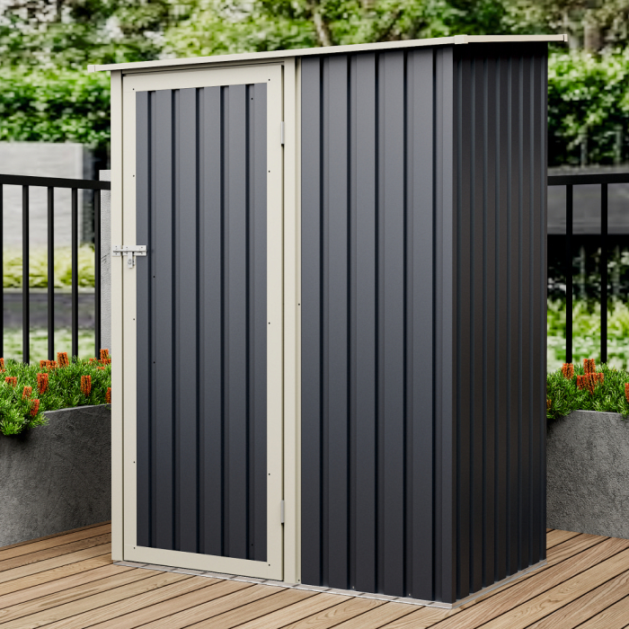 Casuta / magazie de gradina premium metalica, MESTERINO Joy-A, Gri/Bej, dimensiuni 143x89x186 cm, cu usa cu balama si baza metalica [5]