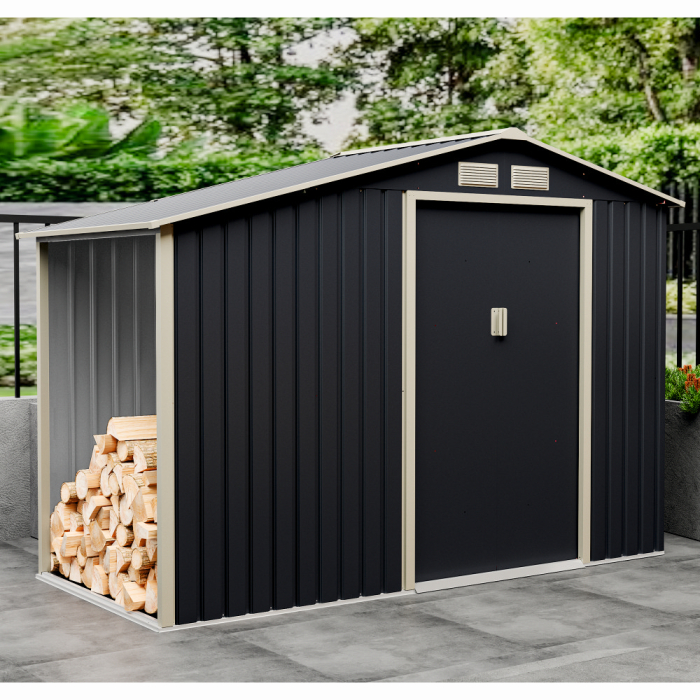 Casuta / magazie de gradina premium metalica, MESTERINO Luke-A, Gri/Bej, dimensiuni 278x131x195 cm, cu usi culisante si baza metalica [5]