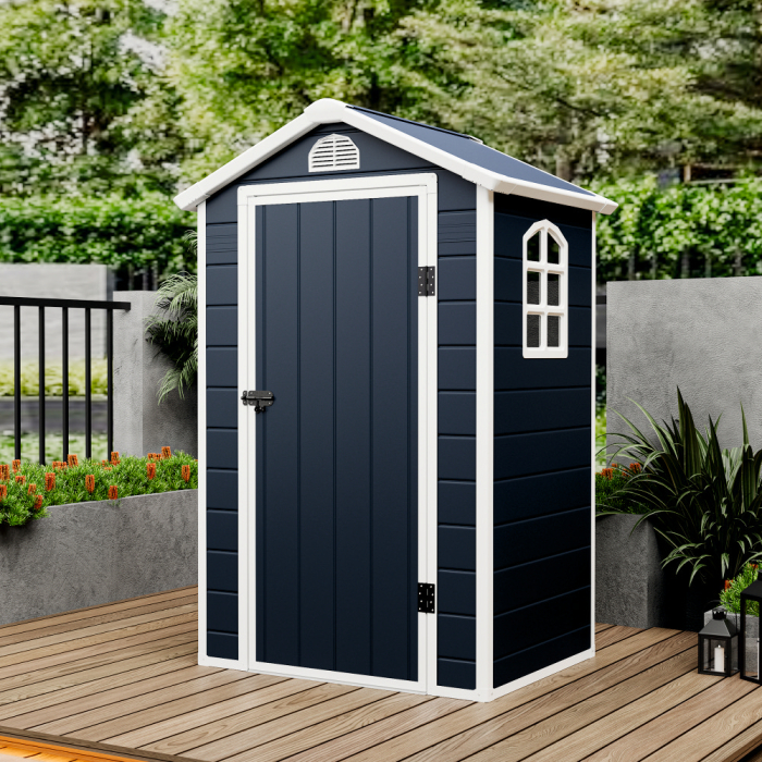 Casuta / magazie de gradina premium, panel plastic si ranforsare metal, MESTERINO AVE-A, Gri/Bej, dimensiuni 134x104x204 cm, usa cu balama, baza metalica si podea de plastic [5]