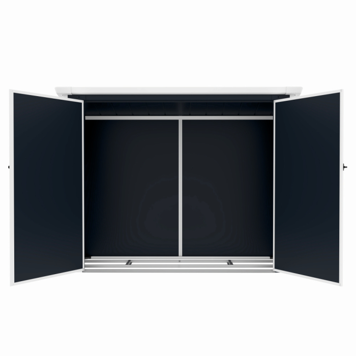 Casuta / magazie de gradina premium, panel plastic si ranforsare metal, MESTERINO Colin-A, Gri/Bej, dimensiuni 199x90x149 cm, usi cu balama, baza metalica si podea de plastic [4]