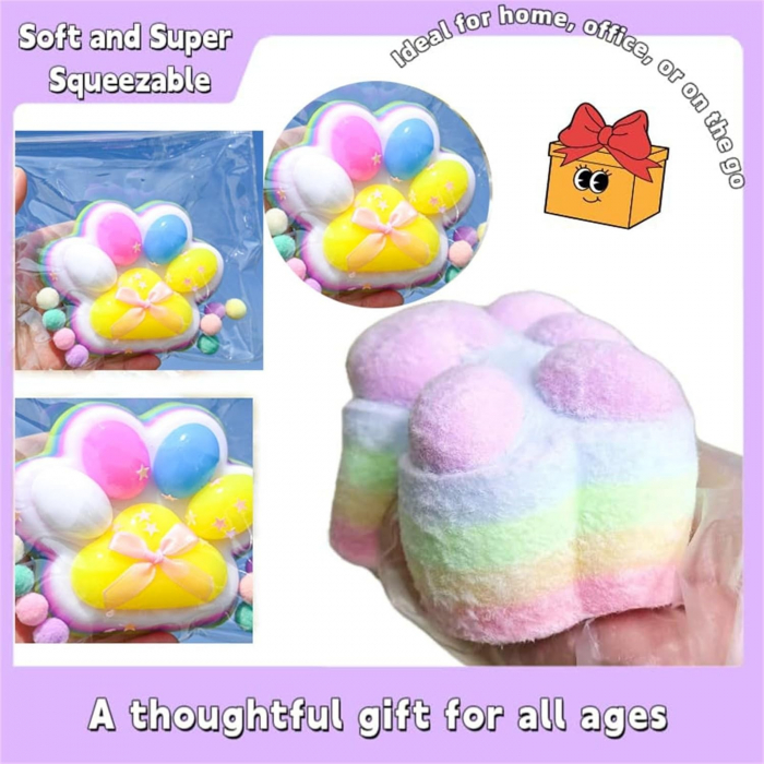 Jucarie Antistres Squishy, Flippy, cu Revenire Lenta, Model Labuta de Pisica Pufoasa, 12.5x10.5 cm, 220g, Squeeze Pinch Family, Ambalaj Transparent, Roz Curcubeu [2]
