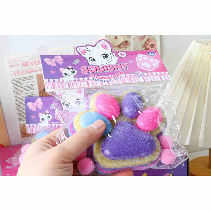 Jucarie Antistres Squishy, Flippy, cu Revenire Lenta, Model Labuta de Pisica Pufoasa, 12.5x10.5 cm, 220g, Squeeze Pinch Family, Ambalaj Transparent, Mov-Multicolor [3]