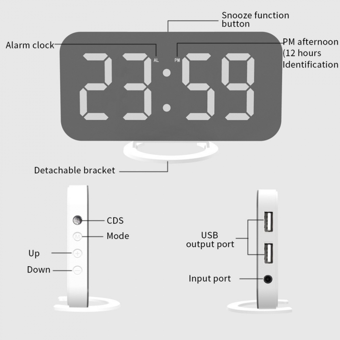 Ceas digital cu LED, Flippy, multifunctional, afisaj digital, alarma, 2 porturi USB de iesire, ecran tip oglinda, modern, 15.8 cm, alb [5]