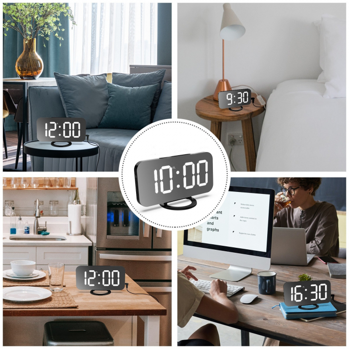 Ceas digital cu LED, Flippy, multifunctional, afisaj digital, alarma, 2 porturi USB de iesire, ecran tip oglinda, modern, 15.8 cm, alb [10]