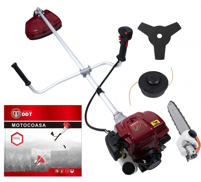 *Cel mai mic pret* Motocoasa pe benzina in 4 timpi, DDT-1000L, 7 Cp, 62 CC, 3 acc. incluse + Adaptor tip drujba pentru taiat crengi la inaltime [1]