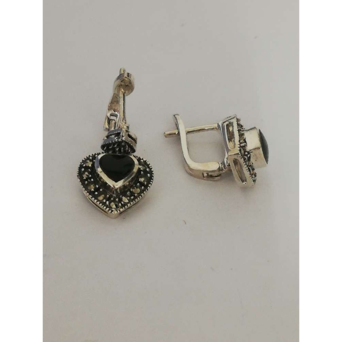 Cercei Argint 925 Inimi cu Marcasite si Piatra Neagra [3]