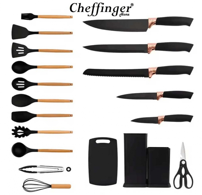 Cheffinger Home KSUT01 - set de 5 cuțite, foarfecă, tocător, suport și 11 ustensile de gătit [3]