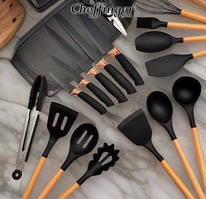 Cheffinger Home KSUT01 - set de 5 cuțite, foarfecă, tocător, suport și 11 ustensile de gătit [2]