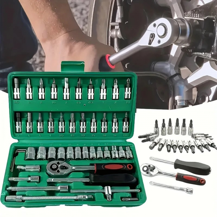 Chei tubulare Set 46 de Piese, Flippy, Trusa Scule de Reparatii Auto, Prelungitoare Rigid si Flexibil, Articulatie Cardanica, Antrenor de Forta Glisant, Adaptoare, Maner pentru Surubelnita, 23 x 12 x  [3]