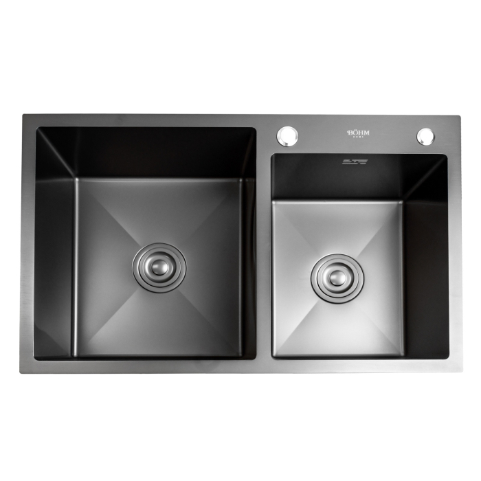Chiuveta dubla bucatarie BoHM BH7849DBA, inox alimentar SUS304, 780 x 490 x 220 mm, 2 cuve, finisaj Negru, sifon inclus [3]