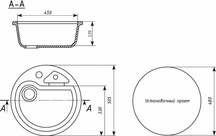 Chiuveta rotunda de bucatarie Ulgran U-108-308 Negru, 50.5 cm [4]