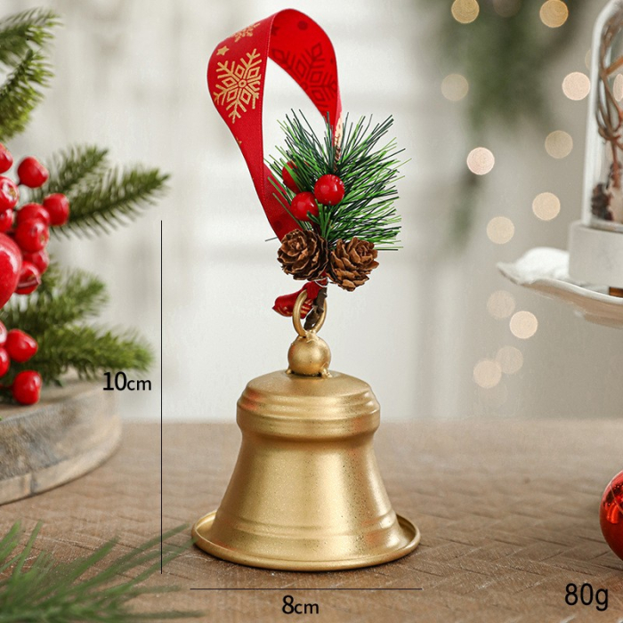 Clopot decorativ pentru Brad Craciun, Flippy, Clopot din Metal cu Funda si Crenguta de Brad pentru Decoratiune de Craciun, 10 x 8 x 8 cm, Auriu [2]