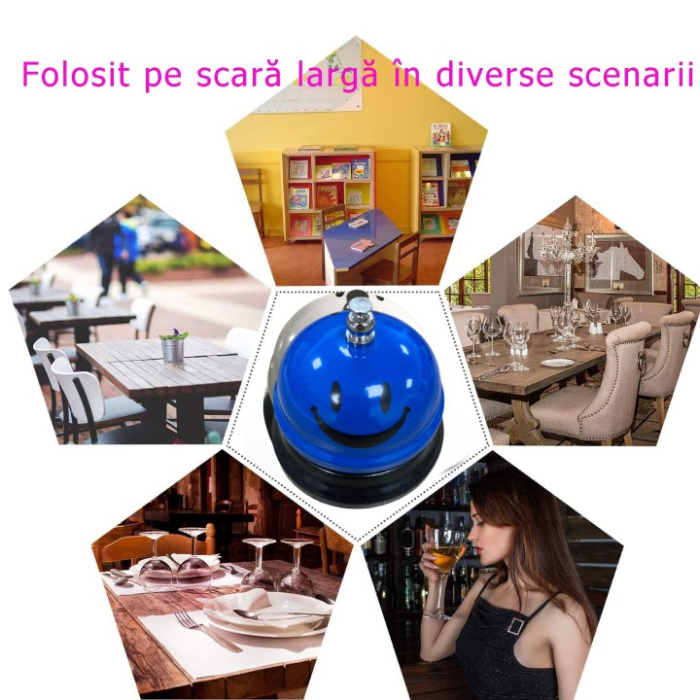 Clopotel Metalic Multifunctional, Flippy, Albastru cu Imprimeu Smiley Face, 7.5x7.5x6.5 cm, Receptie, Restaurant, Cafenele [5]