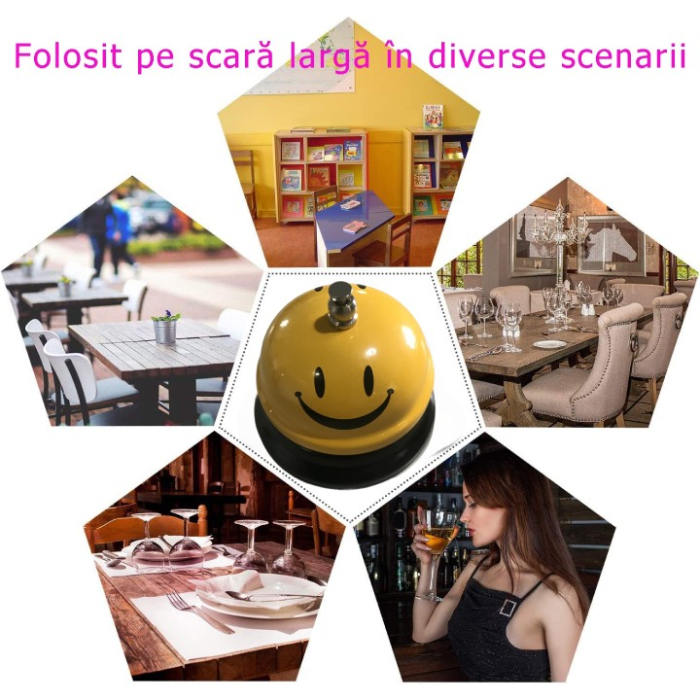 Clopotel Metalic Multifunctional, Flippy, Galben cu Imprimeu Smiley Face, 7.5x7.5x6.5 cm, Receptie, Restaurant, Cafenele [5]