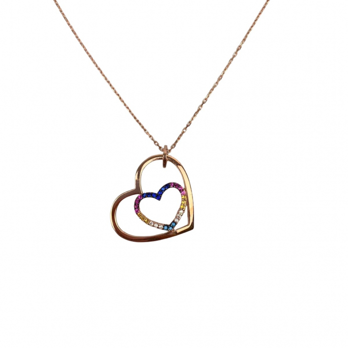 Colier din Argint 925, Inima Placata cu Aur Roz cu Zirconii Multicolore 40 cm [1]
