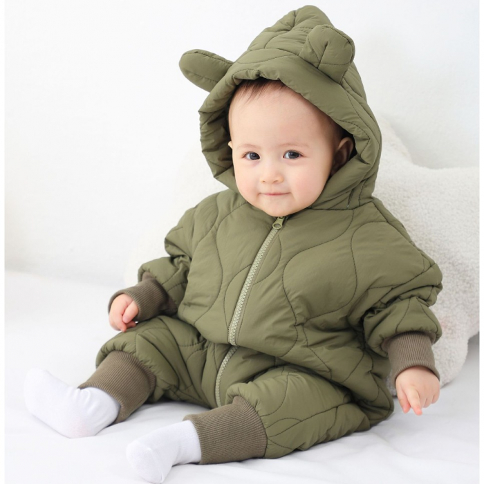 Combinezon de Iarna, Flippy, pentru Bebelusi, din Bumbac, cu Urechi, Mansete Elastice, Unisex, 66 cm, Verde [1]