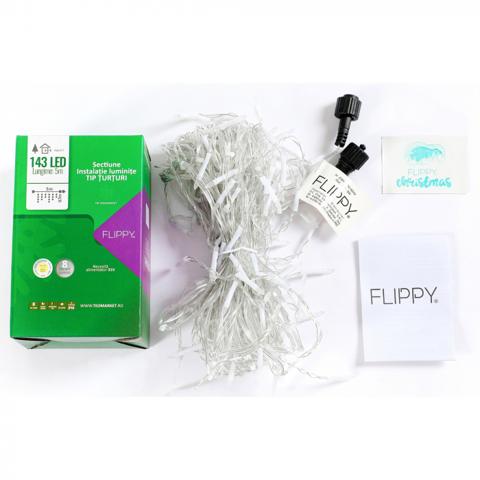 Componenta Instalatie de Craciun Flippy® Tip Franjuri, 8 jocuri de lumini, Sectiune 5 m, 143 LED-uri, Interconectabila, Fir Transparent, Alb Cald [2]