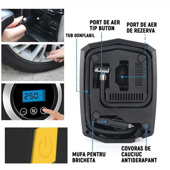 Compresor Auto Portabil cu Lanterna si Afisaj Electornic Flippy, DC 12V, 120W, 35L/min, Cablu de alimentare 3m, Pompa Biciclete, Moto, Mingi, Saltele, Max 10.3bar, lumina LED, Negru [3]