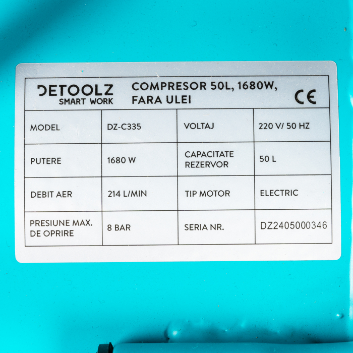 Compresor Detoolz 50L fara ulei, 1680 W, debit 214L/min, 8 bar, 2 prize de aer [14]