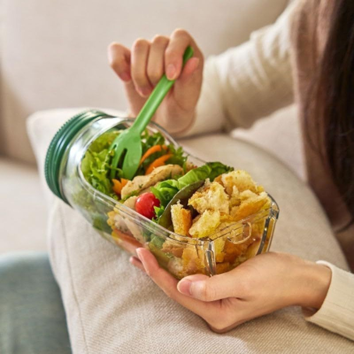 Container Caserola pentru Salata,, Flippy, Borcan pentru Salata, din PP, Gradat in ml, 1L, 19 x 10 x 10 cm, Capac Verde, Transparenta [4]