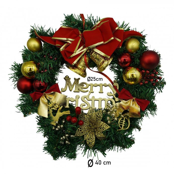 Coronita de Craciun pentru usa, Rosu/Auriu/Verde, 40 cm, PVC, Artificiala, Decorata, Interior/Exterior, Flippy [6]