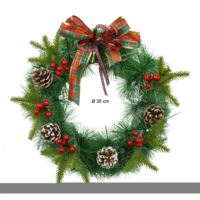 Coronita de Craciun pentru usa, Rosu/Verde, 40 cm, PVC, Artificiala, Decorata, Interior/Exterior, Flippy [6]