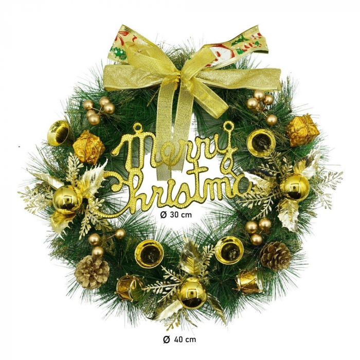 Coronita de Craciun pentru usa, Verde/Auriu, 40 cm, PVC, Artificiala, Decorata, Interior/Exterior, Flippy [11]