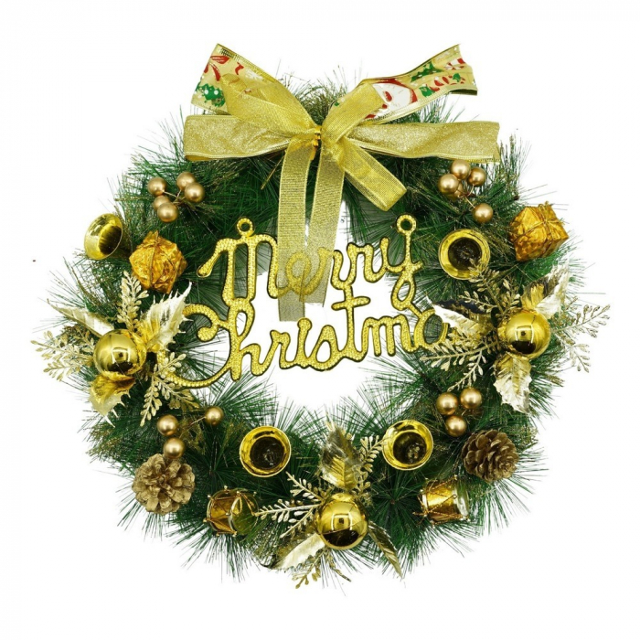 Coronita de Craciun pentru usa, Verde/Auriu, 40 cm, PVC, Artificiala, Decorata, Interior/Exterior, Flippy [1]