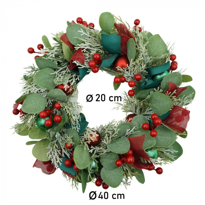 Coronita de Craciun pentru usa, Verde/Rosu, 40 cm, PVC, Artificiala, Decorata, Interior/Exterior, Flippy [11]