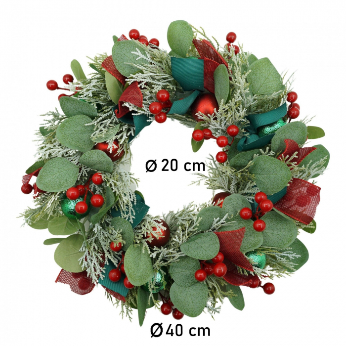 Coronita de Craciun pentru usa, Verde/Rosu, 40 cm, PVC, Artificiala, Decorata, Interior/Exterior, Flippy [6]