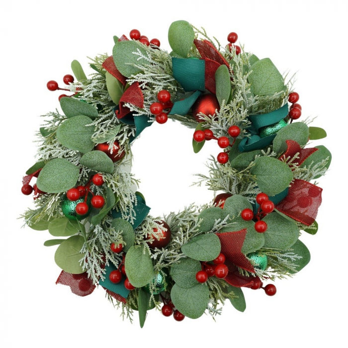 Coronita de Craciun pentru usa, Verde/Rosu, 40 cm, PVC, Artificiala, Decorata, Interior/Exterior, Flippy [1]