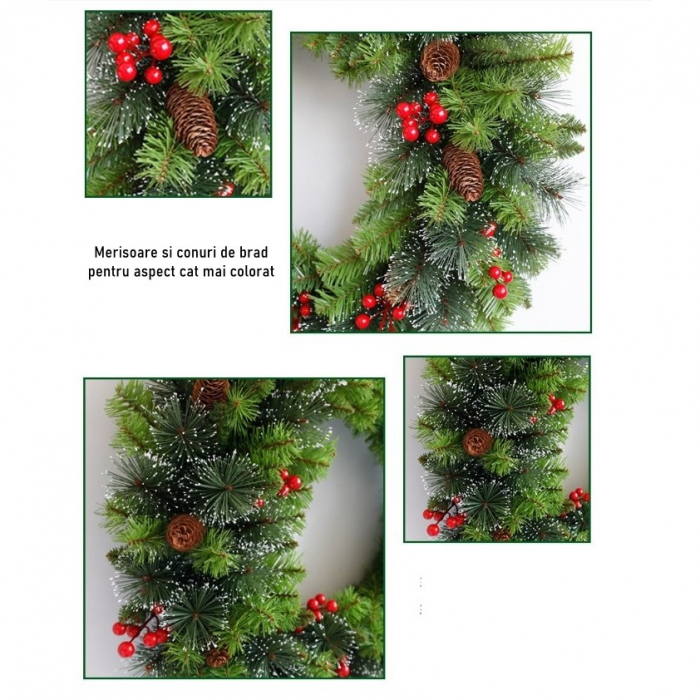 Coronita pentru Craciun Flippy, 60 cm, din brad artificial, decorata cu conuri si merisoare, Verde [1]