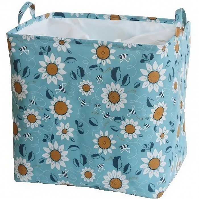Cos depozitare, Flippy, Capac cu Snur, 175 L, Confectionat din Bumbac si un Strat Impermeabil, 50x50x70 cm, Albastru Deschis, Imprimeu Flori [1]