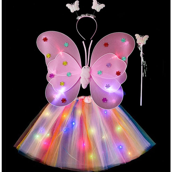 ! LICHIDARE DE STOC ! Costum Fluturas cu Aripi Modelabile Luminoase pentru Copii, Flippy, Fusta din Tul cu Lumini, Bagheta si Bentita, 4 piese, Pentru Halloween, Roleplay, Craciun, Carnaval, Paste, Zi [1]