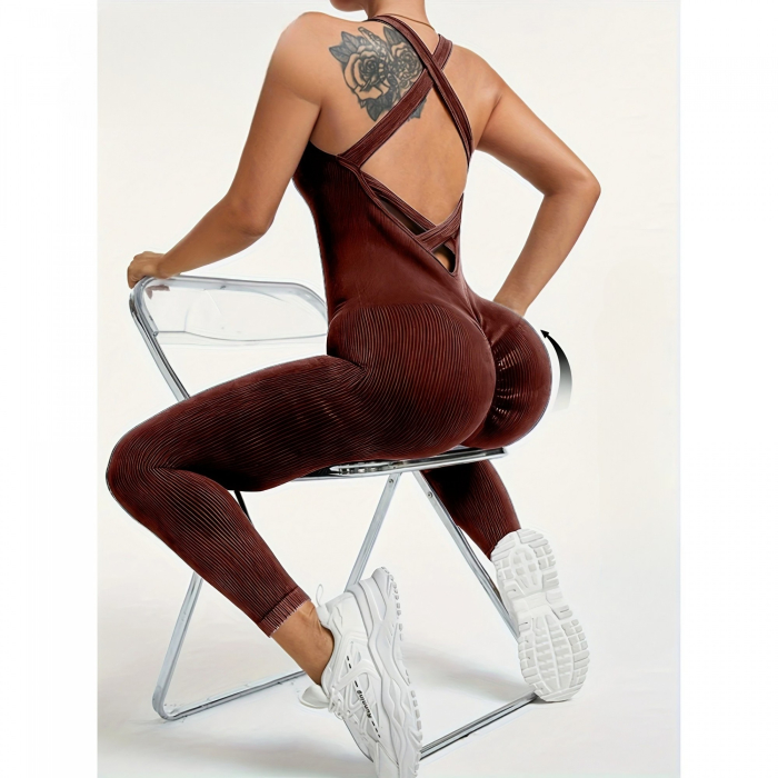 Costum Sport de Dama, Flippy, One Piece, pentru Yoga, Elastic, Fara Cusaturi, Maro Inchis, Marime L [2]