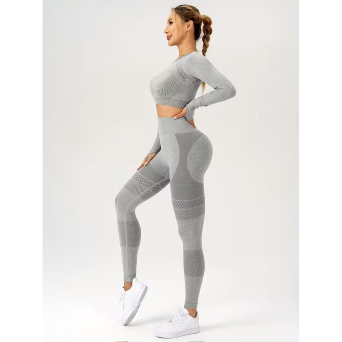 Costum Sport de Dama, Flippy, pentru Yoga, Talie Inalta, Top Scurt, Elastic, Gri, Marime S [3]