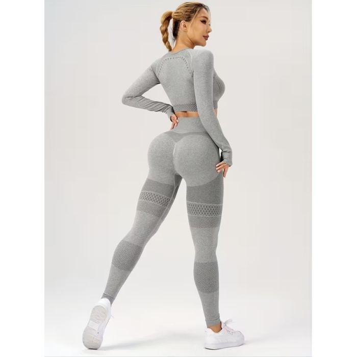 Costum Sport de Dama, Flippy, pentru Yoga, Talie Inalta, Top Scurt, Elastic, Gri, Marime S [6]