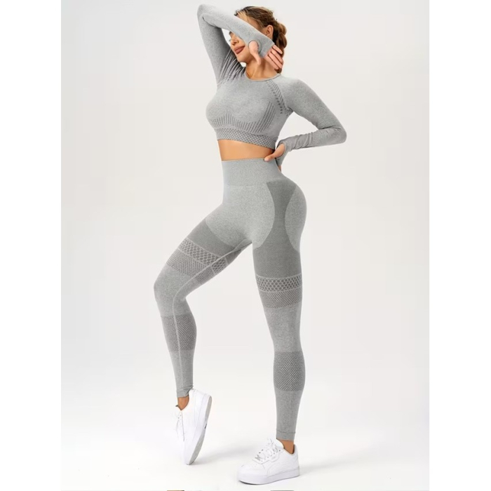 Costum Sport de Dama, Flippy, pentru Yoga, Talie Inalta, Top Scurt, Elastic, Gri, Marime S [4]