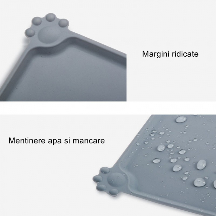 Lichidare Covoras din silicon pentru animale Flippy, pentru bol de apa si mancare, antiderapant, margini ridicate pentru a mentine apa, 48.5x30 cm, Gri [3]