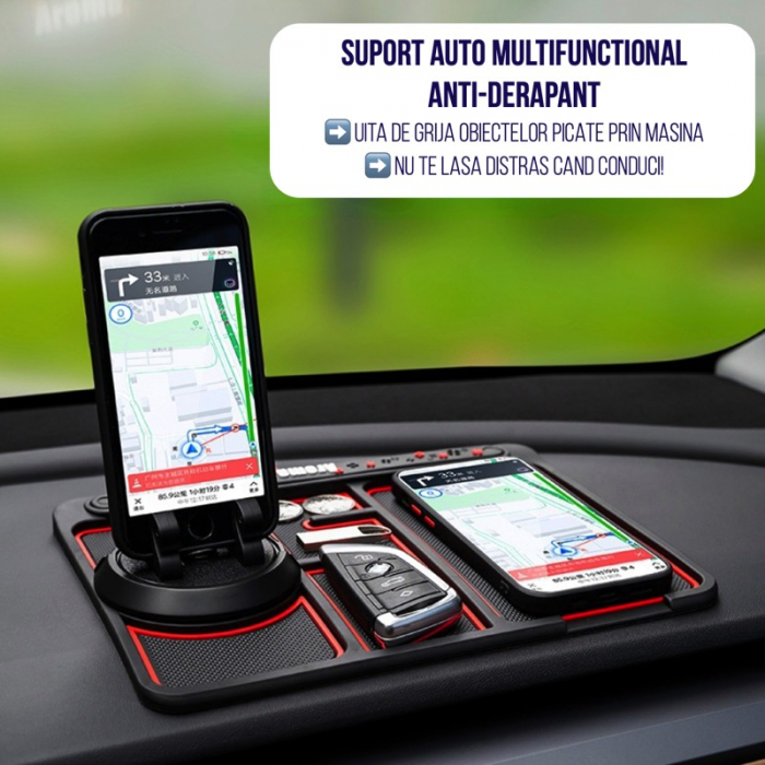 Covoras Pad/Suport Auto 4 in 1 Flippy, Anti alunecare Bord, Universal, Suport Auto Telefon, Tableta, Gps, Rotire 360 ° Multifuntional, Numar telefon, Aroma, Negru [3]