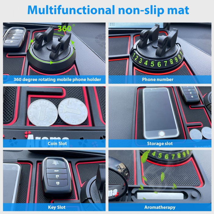 Covoras Pad/Suport Auto 4 in 1 Flippy, Anti alunecare Bord, Universal, Suport Auto Telefon, Tableta, Gps, Rotire 360 ° Multifuntional, Numar telefon, Aroma, Negru [9]