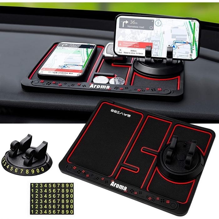 Covoras Pad/Suport Auto 4 in 1 Flippy, Anti alunecare Bord, Universal, Suport Auto Telefon, Tableta, Gps, Rotire 360 ° Multifuntional, Numar telefon, Aroma, Negru [1]