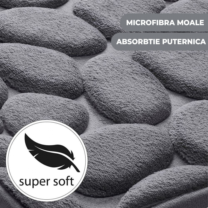 Covoras pentru Baie Antiderapant, Flippy, Uscare Rapida, Model 3D Piatra, 40x60 cm, Gri [5]