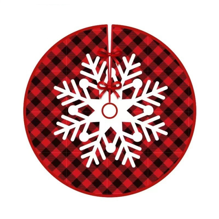 Covoras pentru Bradul de Craciun, Flippy, din Tesatura Pufoasa, cu Fundite de Prindere, Model Fulg de Nea, Carouri Rosu/Negru, Diametru 90 cm [10]