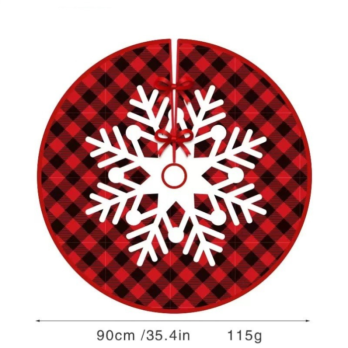 Covoras pentru Bradul de Craciun, Flippy, din Tesatura Pufoasa, cu Fundite de Prindere, Model Fulg de Nea, Carouri Rosu/Negru, Diametru 90 cm [2]