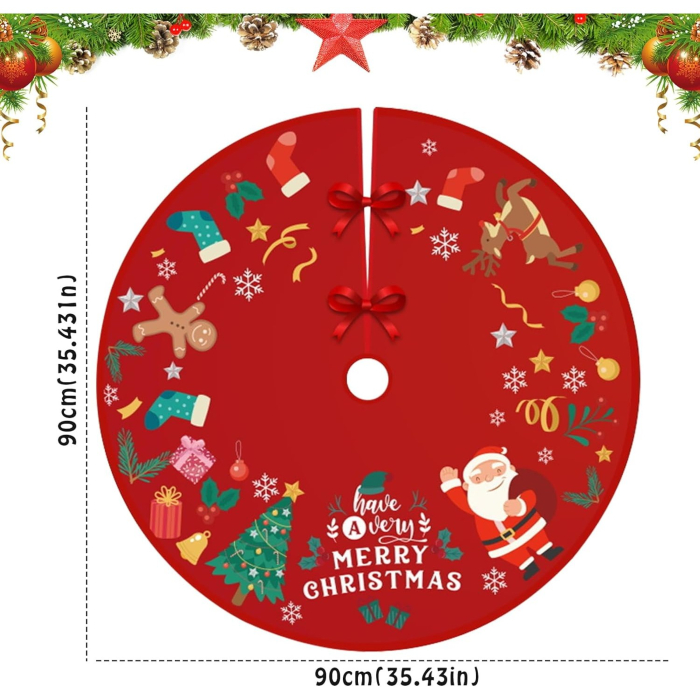 Covoras pentru Bradul de Craciun, Flippy, din Tesatura Pufoasa, cu Fundite de Prindere, Model Mos Craciun, Rosu, Diametru 90 cm [10]