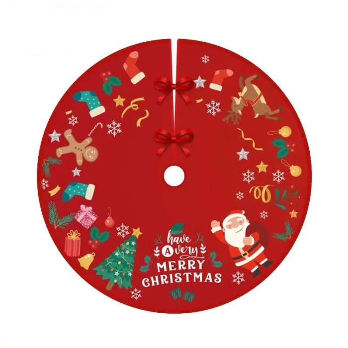 Covoras pentru Bradul de Craciun, Flippy, din Tesatura Pufoasa, cu Fundite de Prindere, Model Mos Craciun, Rosu, Diametru 90 cm [11]
