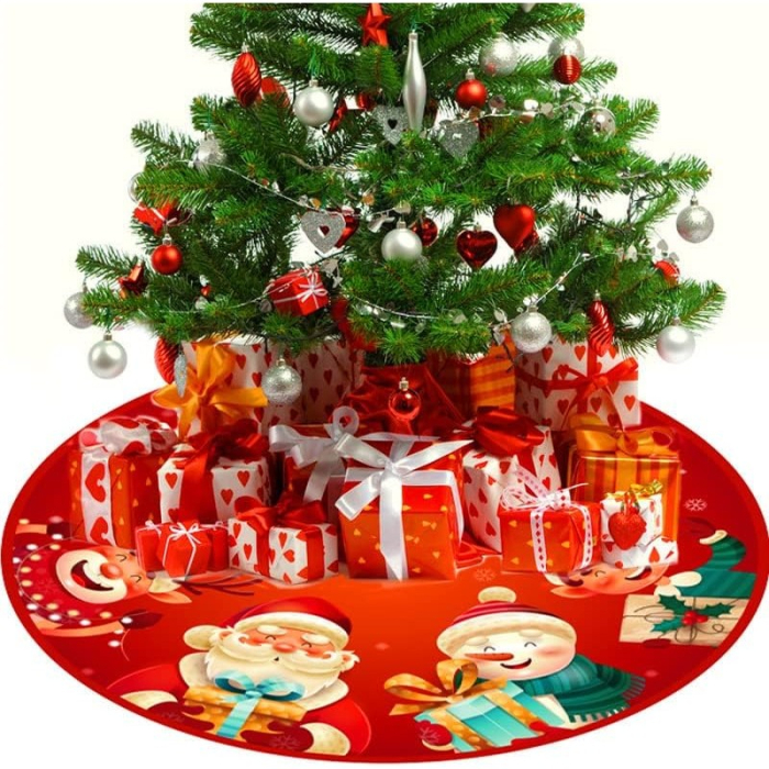 Covoras pentru Bradul de Craciun, Flippy, din Tesatura Pufoasa, cu Fundite de Prindere, Model Mos Craciun si Ajutoarele, Rosu, Diametru 90 cm [2]